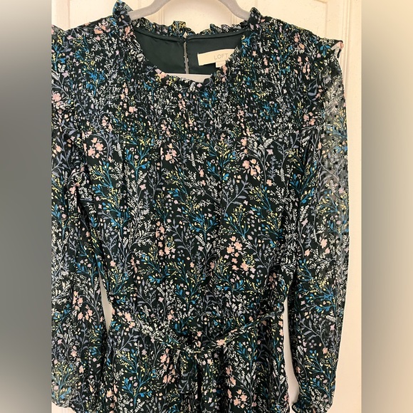 LOFT Green Smocked Floral Long Sleeve Mini Dress - Picture 7 of 9